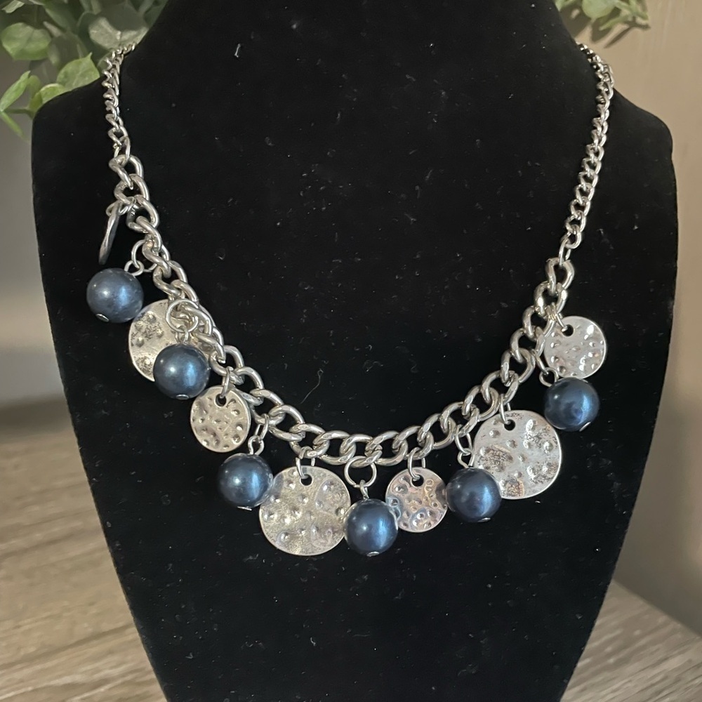 Silver Necklace with Blue Beads Sand Dollar Design